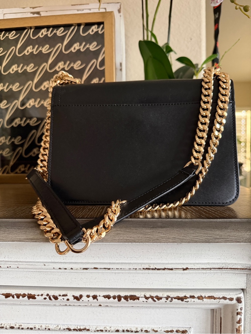 Michael Kors Black Leather Crossbody with Gold MK Chain - Picture 3 of 3